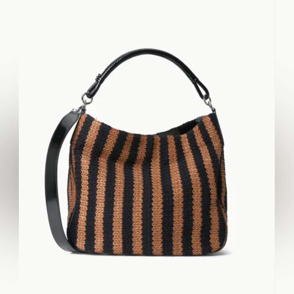 Staud Perry Bag, black and tan raffia